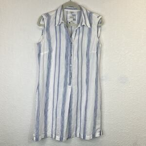 Malvin Sleeveless White Blue Linen Dress Size L/US10, summer, cruise, travel.